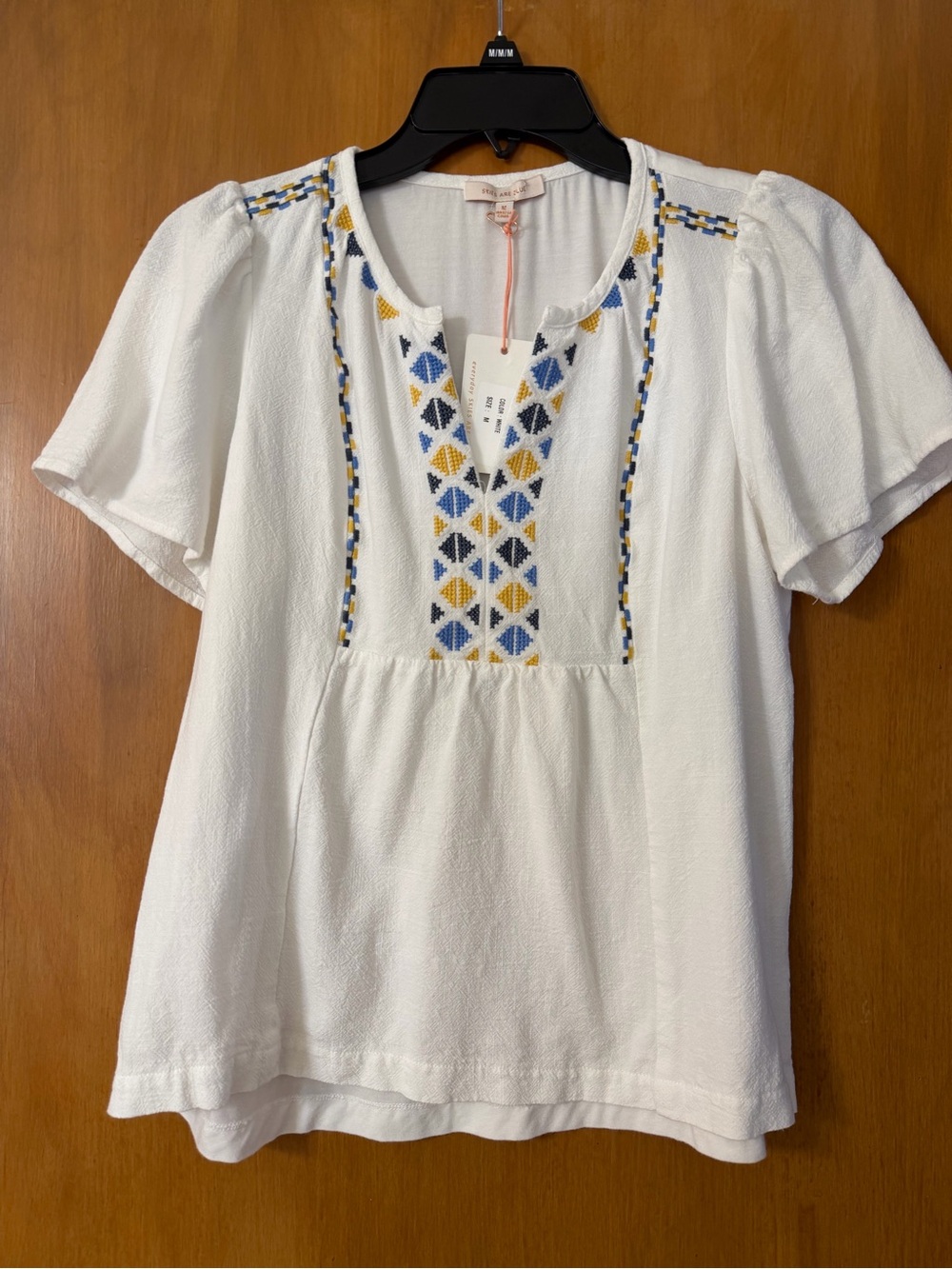 Skies Are Blue White Peasant Top with Blue & Yellow Embroidery